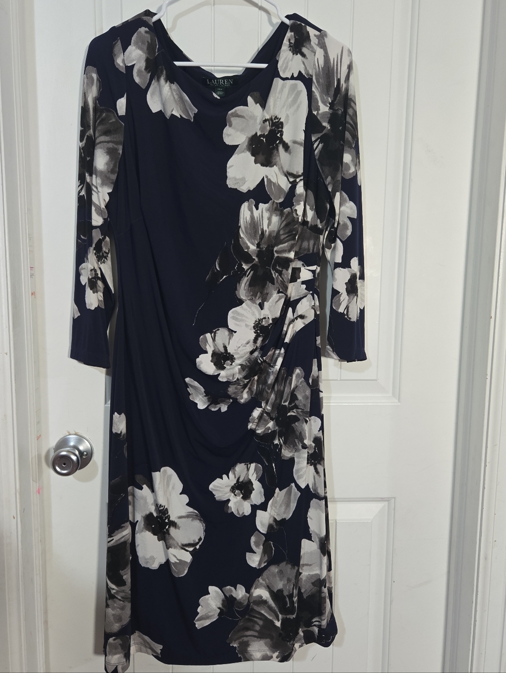 Lauren Ralph Lauren Floral Sheath Dress Navy Blue White 14W Ruched Knee Length